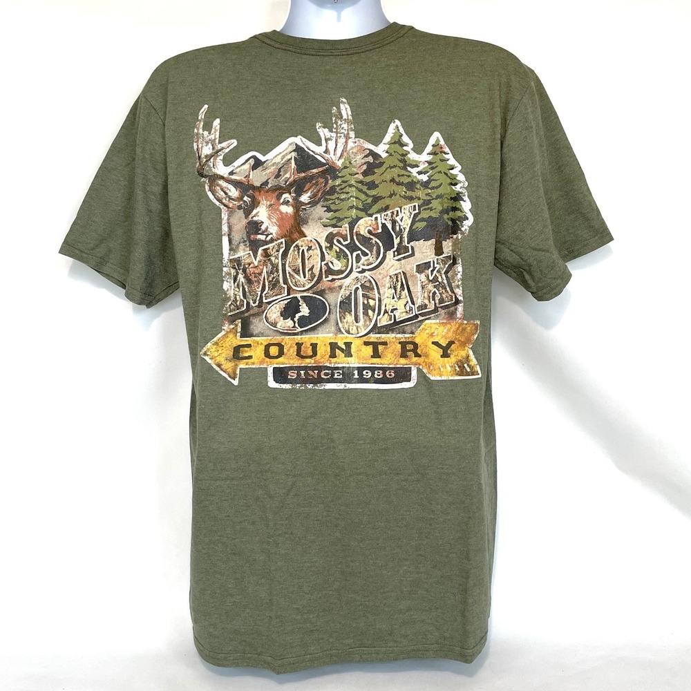 Mossy Oak Brand Country Buck Deer Graphic Heather Olive T-Shirt Size Mens Large